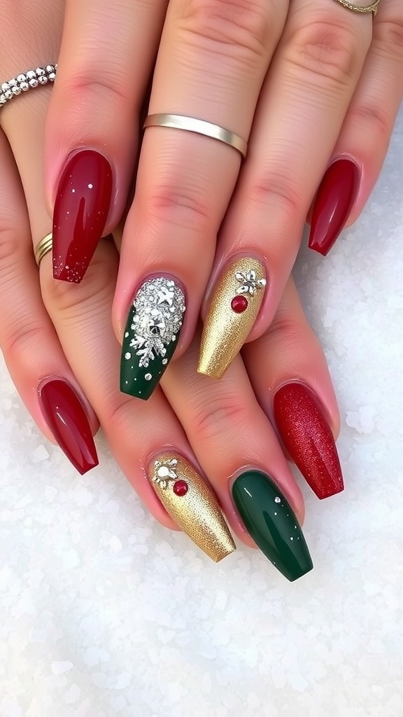 Festive winter Christmas nail dip design in red, green, and gold with glitter accents.